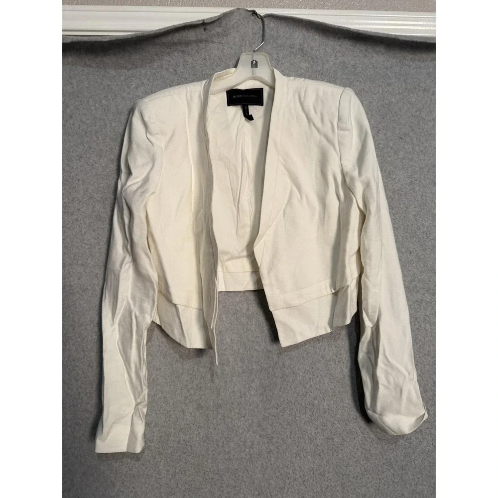BCBGMAXAZRIA Blazer Womens M White Cropped Open Front Lined Jacket Career